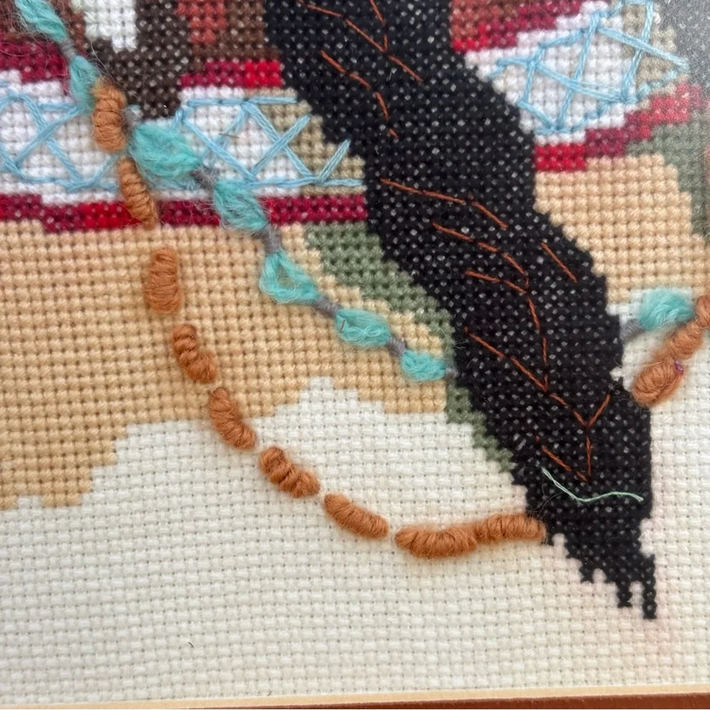 Needlepoint Counted Cross-stitch native American Indian Princess Maden Framed